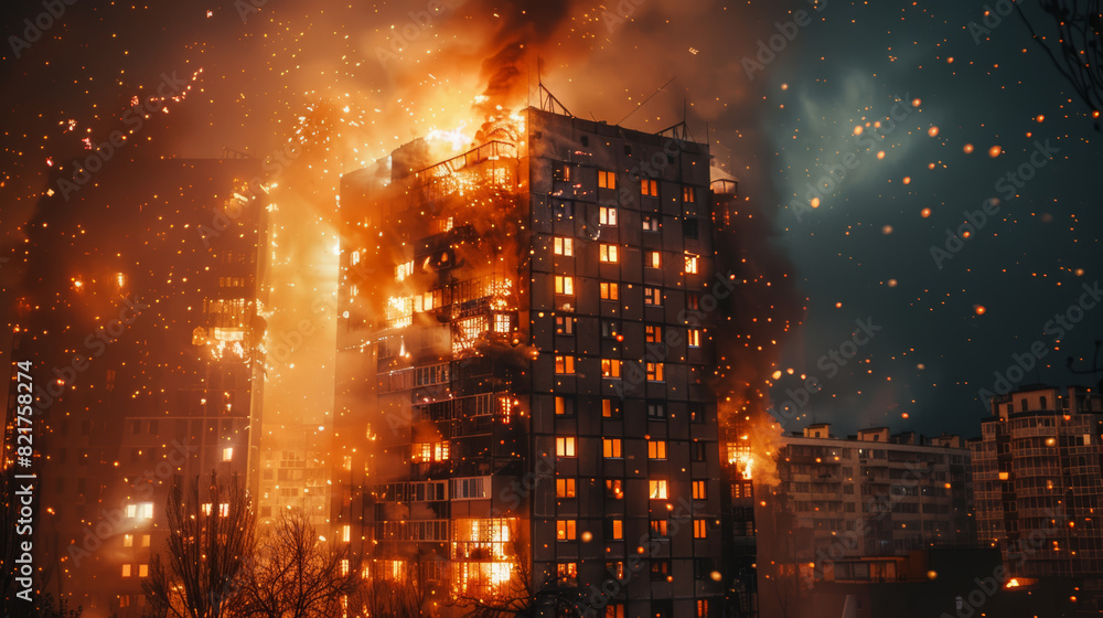 Fototapeta premium An apartment block burning down during the night.