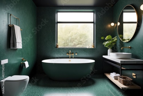 Dark Green Bathroom Design With Terrazzo Flooring