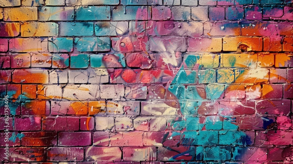 Naklejka premium A brick wall serves as the canvas for a stunning spray paint artwork, highlighting the street art concept. The explosion of color and texture captures