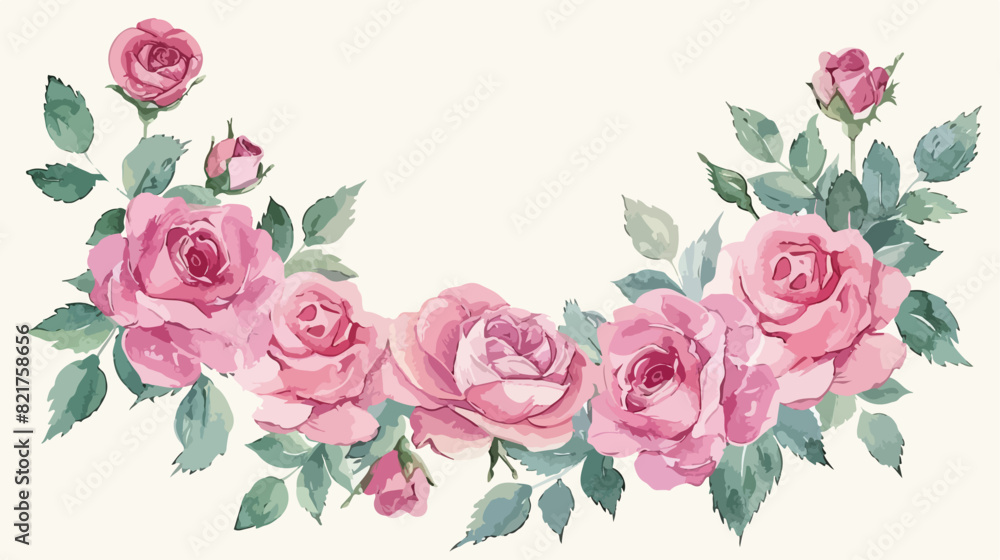 Pink rose flower watercolor wreath for background wed