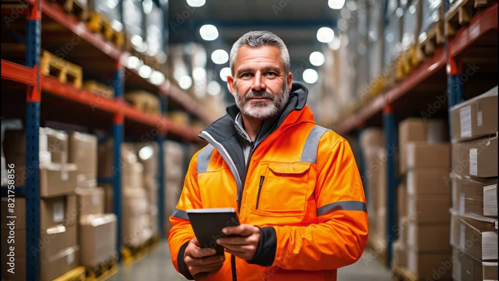 Portrait of man middle aged worker holding a tablet standing in large warehouse , Employee in logistics company near warehouse racks Portrait of man middle aged worker holding a tablet standing in large warehouse , Employee in logistics company near warehouse racks