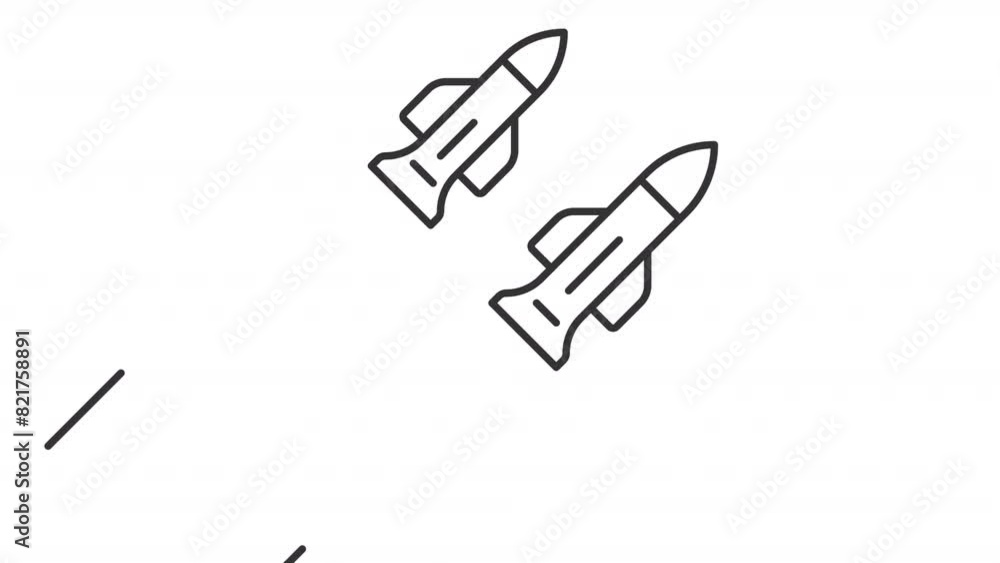 Animated missiles icon. Military weapons line animation. Flying projectiles. War artillery. Rocket warhead. Black illustration on white background. HD video with alpha channel. Motion graphic Animated missiles icon. Military weapons line animation. Flying projectiles. War artillery. Rocket warhead. Black illustration on white background. HD video with alpha channel. Motion graphic
