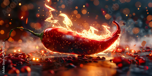  Red chili pepper in fire flame poster. Mexican spicy cuisine fast food or restaurant bar menu of green hot pepper on red fire background ,A pod of red chili pepper burns in a fire on a dark backgroun