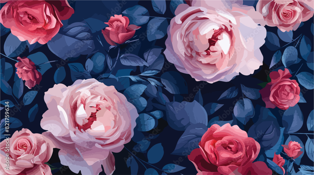 Pink roses leaves and navy blue indigo background peo