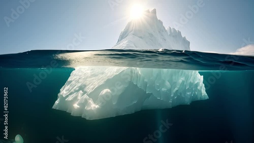 Amazing white iceberg floats in the ocean and half underwater, View underwater	 photo