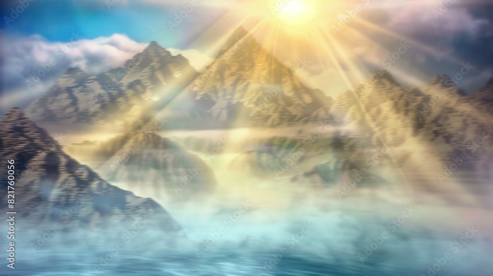 Fototapeta premium A stunning painting depicts a sunlit mountain range above an azure ocean