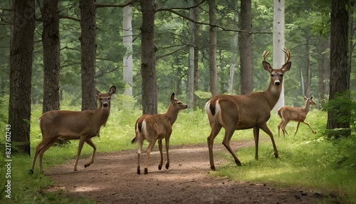 A Family Of Deer Navigating Through A Forest