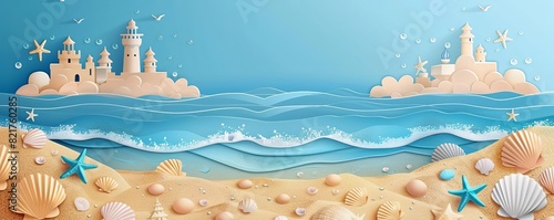 Beach background with sandcastles and starfish in the style of paper cut vector illustration Summer beach landscape banner template with copy space for text Top view of sea waves. Summer concept.