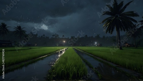 Heavy rain in the ricefield, night, no cars, unreal engine render, 8k