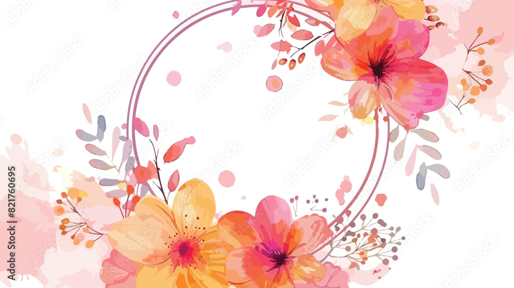 Pink yellow floral watercolor wreath with circles for