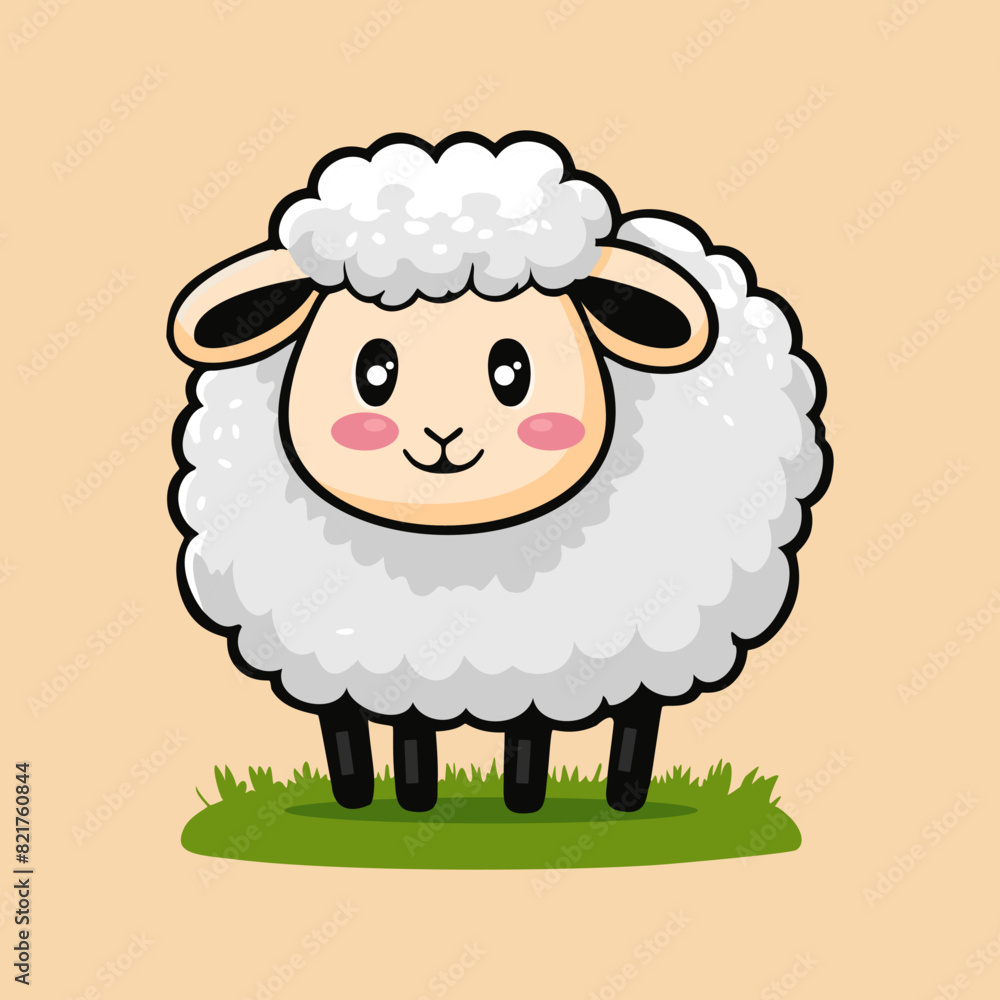 A cute, fluffy sheep with a happy expression stands on grass A cute, fluffy sheep with a happy expression stands on grass