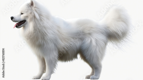 A white dog with a long fluffy coat is lying down and looking at the camera with its mouth open and tongue hanging out.
