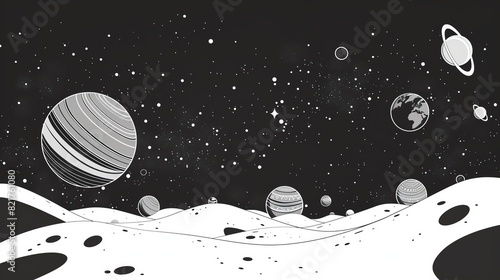 Universe flat design side view theme deep space cartoon drawing Black and white photo