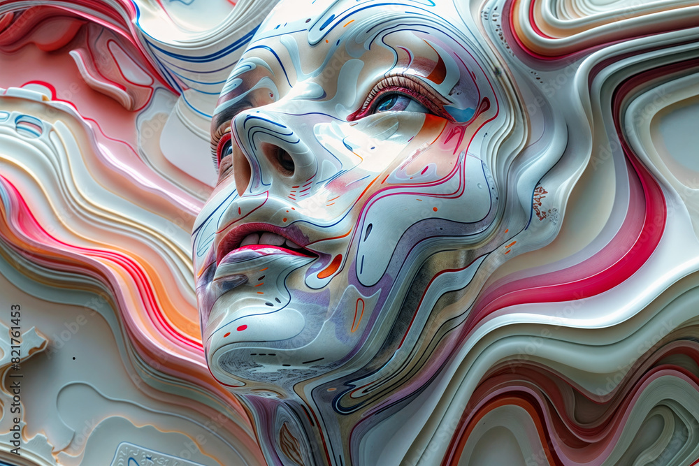 Abstract Hyper-Realistic Fluid Sculpture of Androgynous Face, Reflective and Artistic Expression in Vibrant Digital Art Style Abstract Hyper-Realistic Fluid Sculpture of Androgynous Face, Reflective and Artistic Expression in Vibrant Digital Art Style
