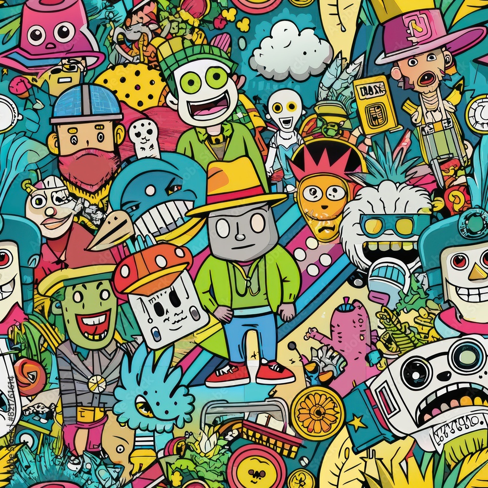 Fototapeta premium Seamless pattern of graffiti characters and cartoon illustrations expressing urban culture, Generative AI 