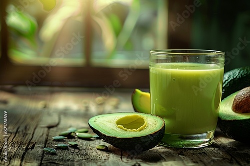 Glass of avocado juice, on a rustic wooden table bathed in warm, morning sunlight. Cozy atmosphere, with ample space. photo