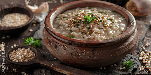 Indulge in the Hearty Comfort of Natural Organic Buckwheat Porridge, Slow-Cooked in a Traditional Clay Pot,  photo
