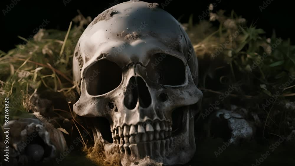 Skull, skeleton, on the ground in cemetery, halloween dead skeleton, dark, night time Skull, skeleton, on the ground in cemetery, halloween dead skeleton, dark, night time
