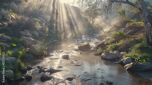   A lush green forest stream flows through an abundance of rocks, while a plethora of trees fill the forest