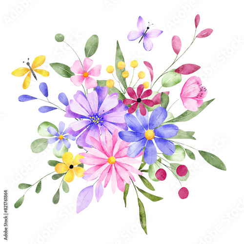 Pink and purple flowers  leaves watercolor floral clip art. Bouquet perfectly for printing design on invitations  cards  wall art and other. Isolated on white background. Hand painting.