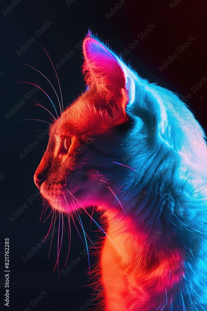 Cat in Neon Light: Vibrant Studio Portrait of a Feline with Bold Contrasts and Dramatic Lighting
