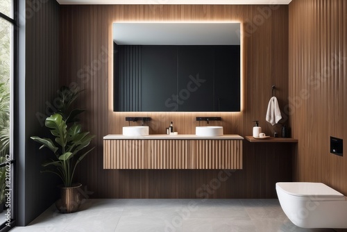 Dual Toned Bathroom Design With Wall Mounted Fluted Wooden Vanity Unit