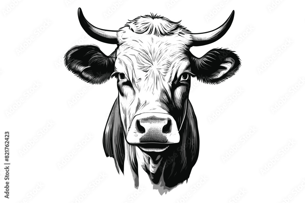 Vector sketch of cow head, black isolated on white, farming