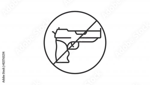 Gun control line animation. Animated crossed out gun icon. Weapon prohibition. Gun free zone. Firearms policy. Black illustration on white background. HD video with alpha channel. Motion graphic photo