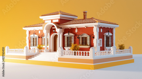 Una villa espa?+/-ola en 3D con estuco blanco y detalles en rojo oscuro, sobre un fondo amarillo.