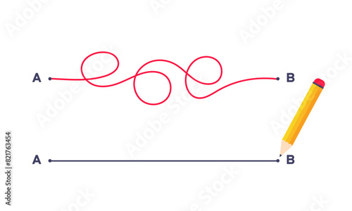 Complex and easy simple way from point A to B vector illustration. Chaos simplifying, problem solving and business solution searching challenge concept. Hand drawn doodle scribble chaos path lines.