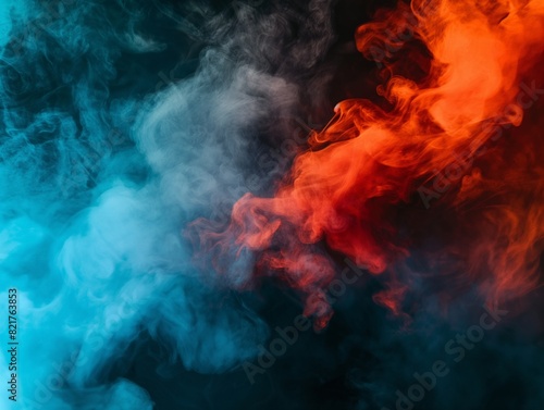 Vibrant red and blue smoke swirls blend on a dark background, creating a dynamic and mysterious atmosphere.