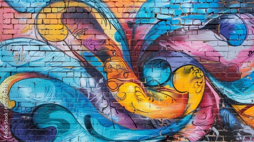 A brick wall is the backdrop for an impressive spray paint creation  showcasing the street art concept. The vivid colors and intricate patterns add a touch of artistic flair to the cityscape.