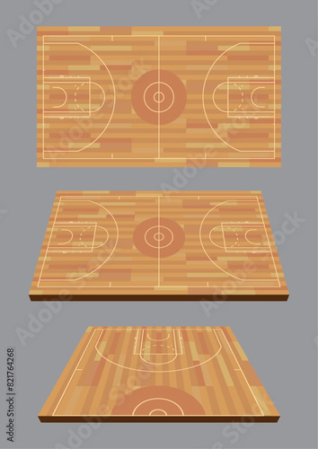 a hard wood basketball court from 3 different angle