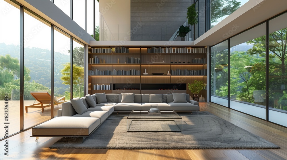 Fototapeta premium A spacious, modern living room interior bathed in natural sunlight from large floor-to-ceiling windows.