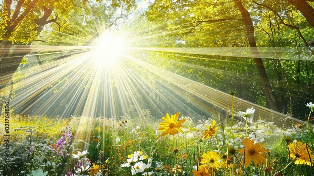 Obraz premium The sun brilliantly illuminates the wildflower and daisy meadow through the tree canopy