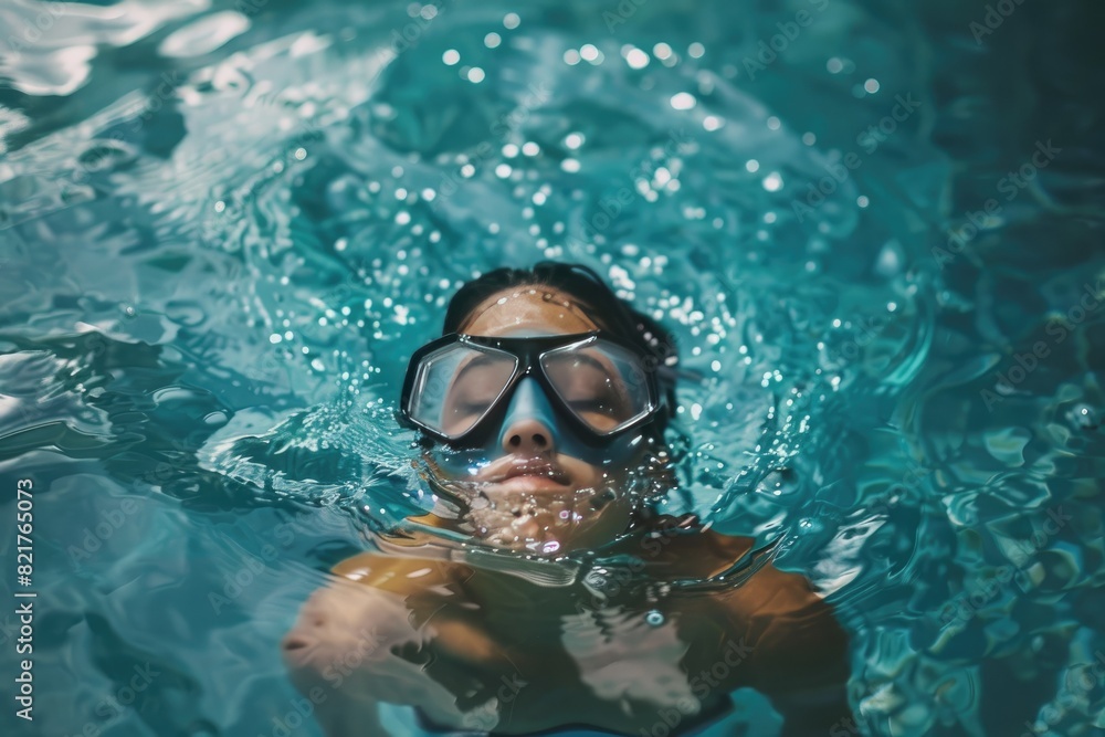 Naklejka premium A person swimming in the water with a mask on, creating an adventurous and mysterious feel.