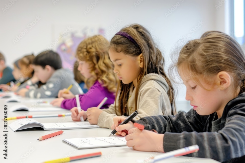 Group of diverse children, including Caucasian and Hispanic, engaged in drawing at a white table in a classroom. Group of diverse children, including Caucasian and Hispanic, engaged in drawing at a white table in a classroom.