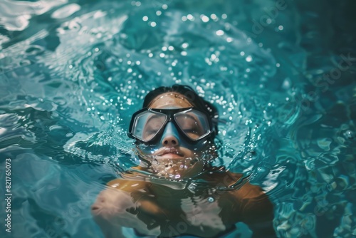 A person swimming in the water with a mask on, creating an adventurous and mysterious feel.