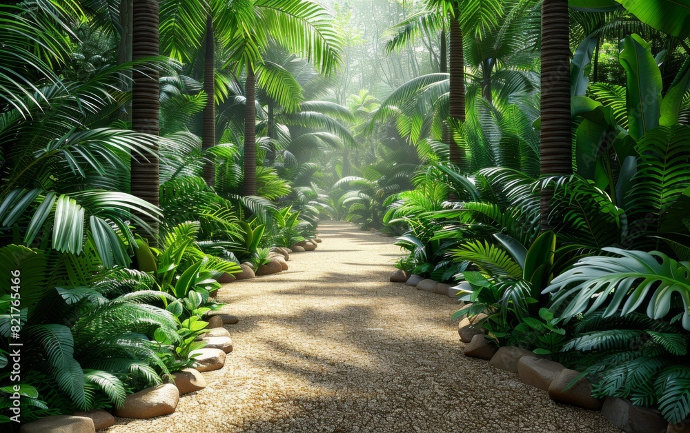 A pathway winds through a dense, vibrant green forest filled with tropical vegetation A pathway winds through a dense, vibrant green forest filled with tropical vegetation