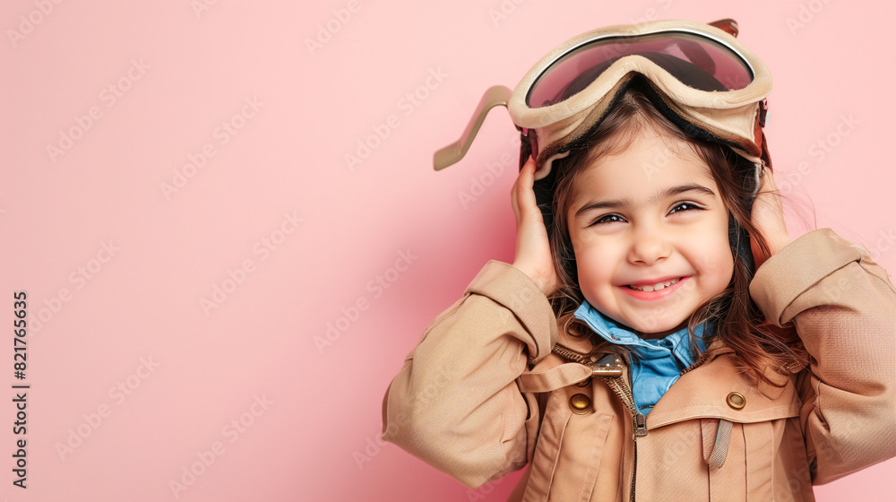 A cute happy smiling young Arab girl dresses like a pilot wearing aviator hat, ear muff and goggles on a plain pink and blue background with copy space for text. A cute happy smiling young Arab girl dresses like a pilot wearing aviator hat, ear muff and goggles on a plain pink and blue background with copy space for text.