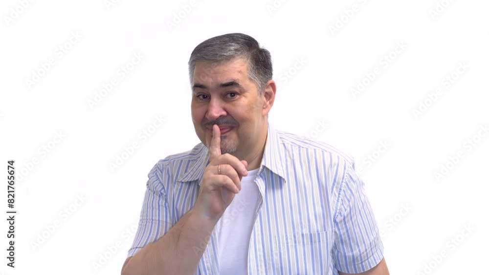 A man smiling and gesturing 'Shh' by placing his finger on his lips A man smiling and gesturing 'Shh' by placing his finger on his lips