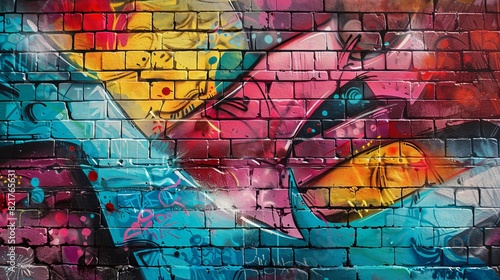 A brick wall becomes a canvas for street art  with spray paint creating a vivid and dynamic mural. The artwork captures the essence of urban creativity and the transformative power of street art.