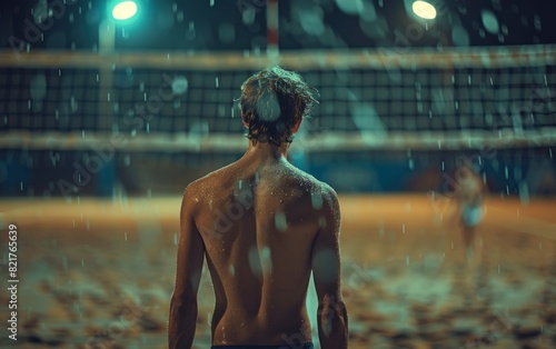 An adult Baltic man stands shirtless in front of a volleyball court at night © imagineRbc