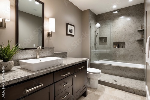 Neutral Toned Bathroom Design With Granite Bathroom Countertop And Dual Walls