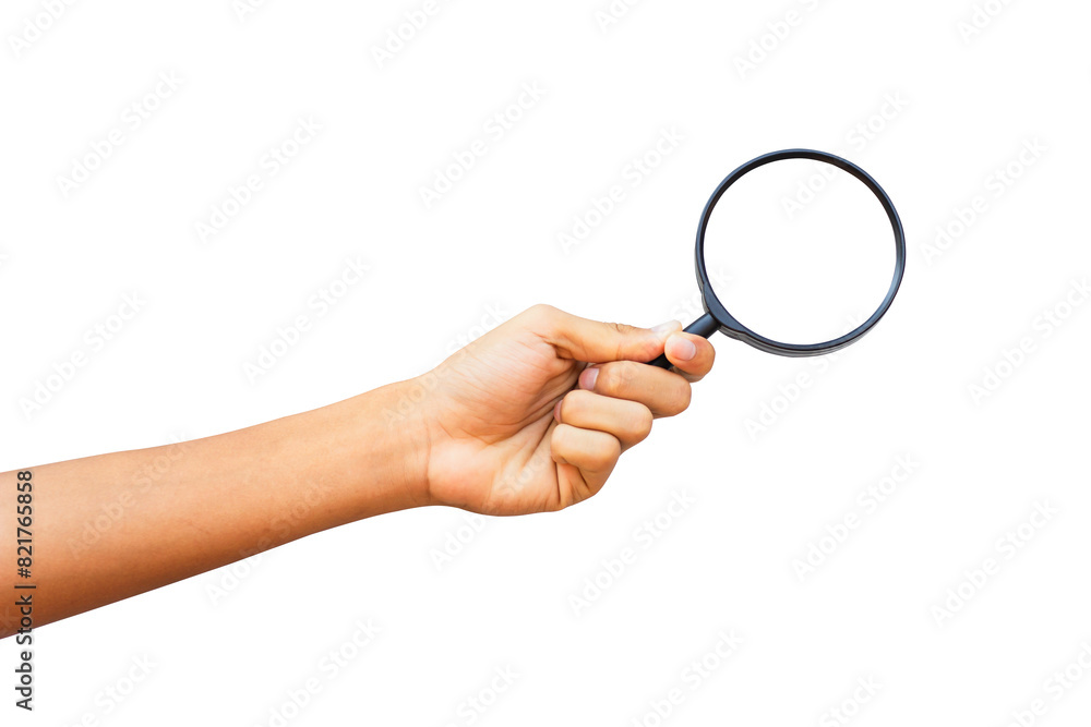 A man's hand holds a magnifying glass, clipping path A man's hand holds a magnifying glass, clipping path