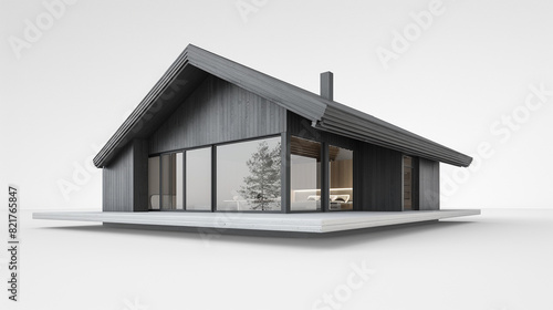 Un chalet espa?+/-ol minimalista en 3D con estuco gris y un dise?+/-o de vanguardia, aislado sobre fondo blanco.