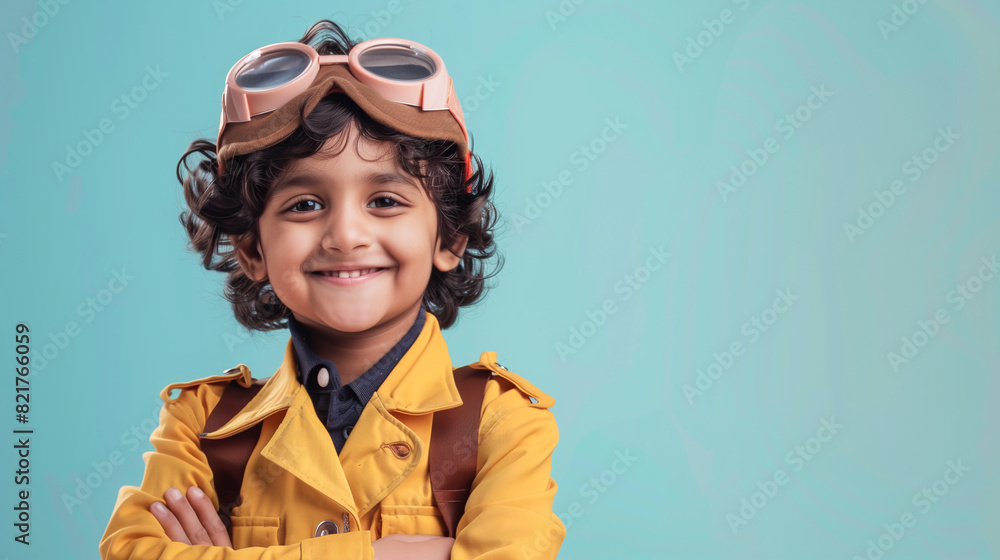 A cute happy smiling young Indian boy dresses like a pilot wearing aviator hat, ear muff and goggles on a plain blue background with copy space for text. A cute happy smiling young Indian boy dresses like a pilot wearing aviator hat, ear muff and goggles on a plain blue background with copy space for text.