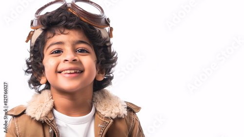 A cute happy smiling young Indian boy dresses like a pilot wearing aviator hat, ear muff and goggles on a plain white background with copy space for text.