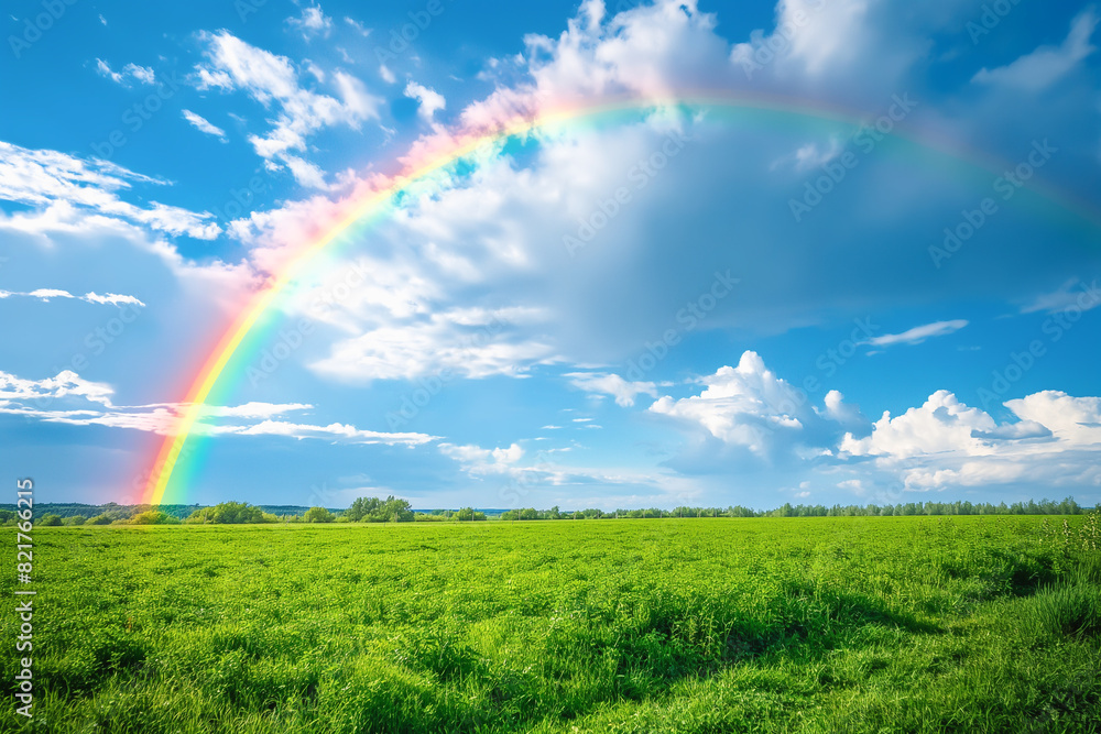 View of a beautiful rainbow over the sky in a green field View of a beautiful rainbow over the sky in a green field