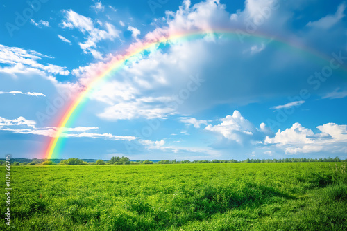 View of a beautiful rainbow over the sky in a green field